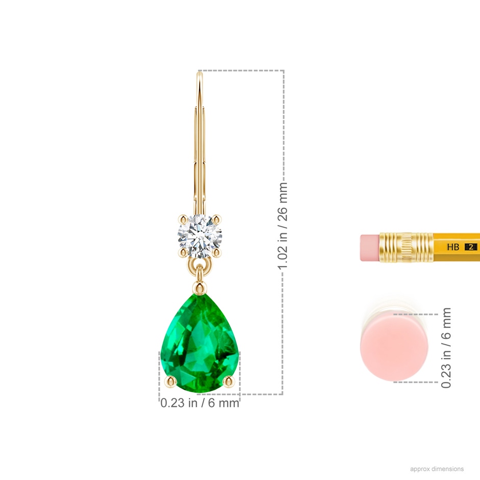 8x6mm AAA Pear Emerald Leverback Drop Earrings with Diamond in Yellow Gold ruler