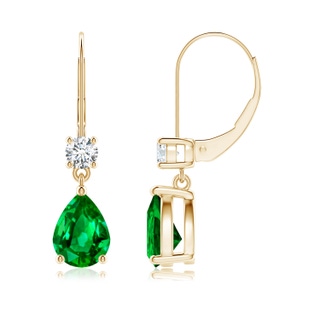 8x6mm AAAA Pear Emerald Leverback Drop Earrings with Diamond in 9K Yellow Gold