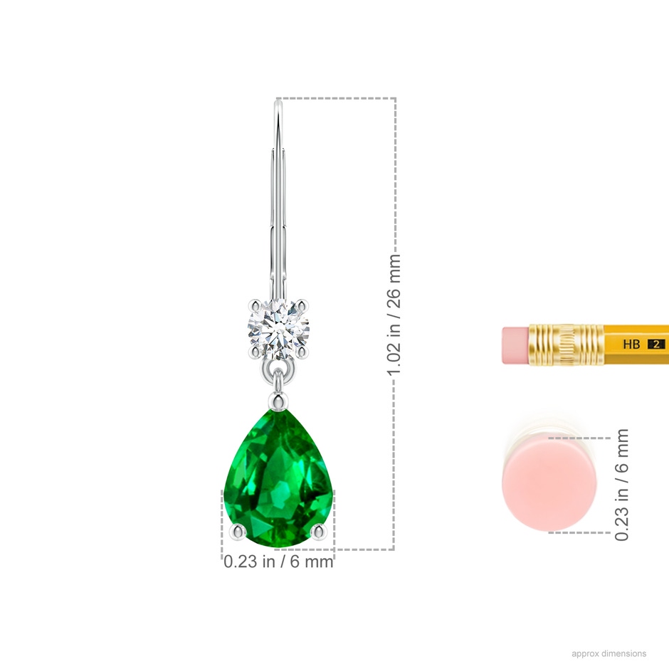 8x6mm AAAA Pear Emerald Leverback Drop Earrings with Diamond in P950 Platinum ruler