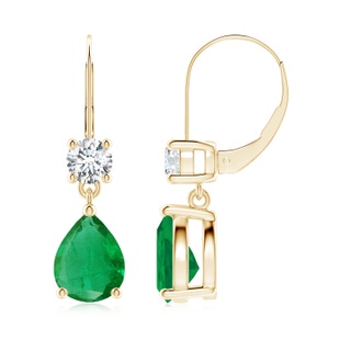 9x7mm AA Pear Emerald Leverback Drop Earrings with Diamond in 9K Yellow Gold