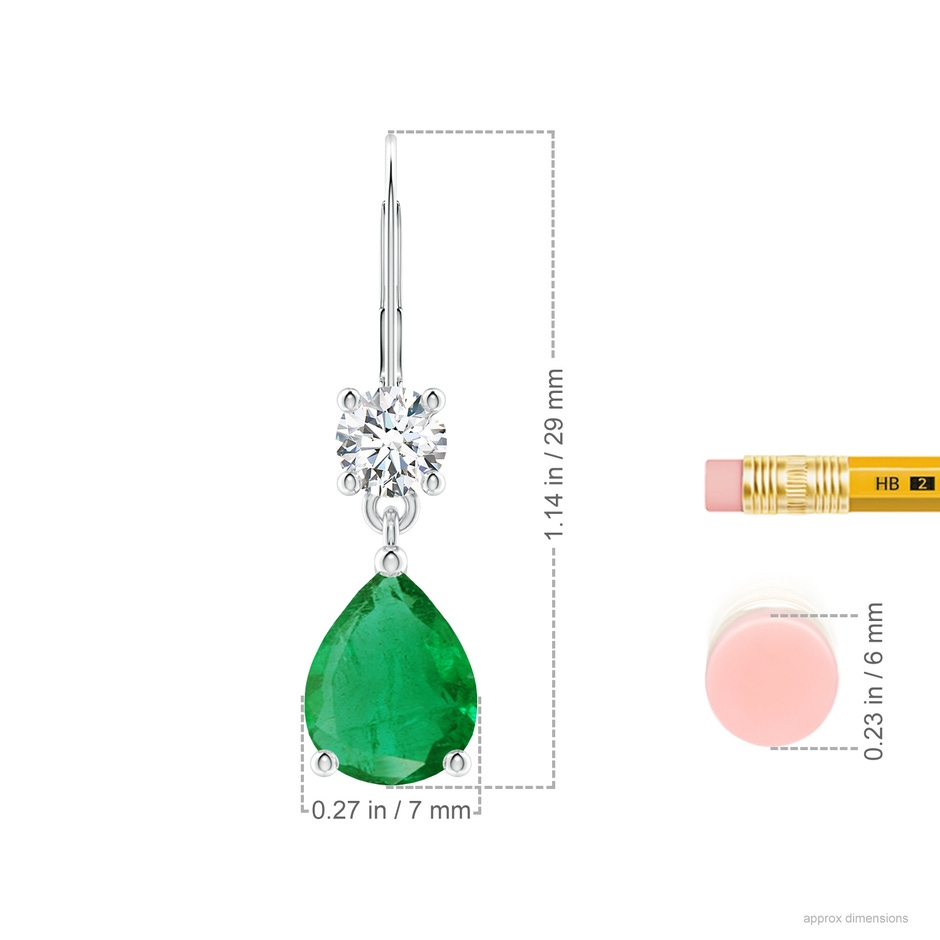 9x7mm AA Pear Emerald Leverback Drop Earrings with Diamond in P950 Platinum ruler