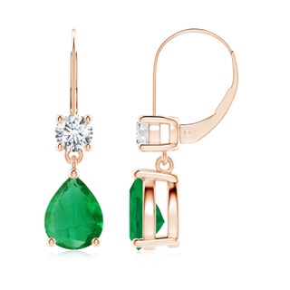 9x7mm AA Pear Emerald Leverback Drop Earrings with Diamond in Rose Gold