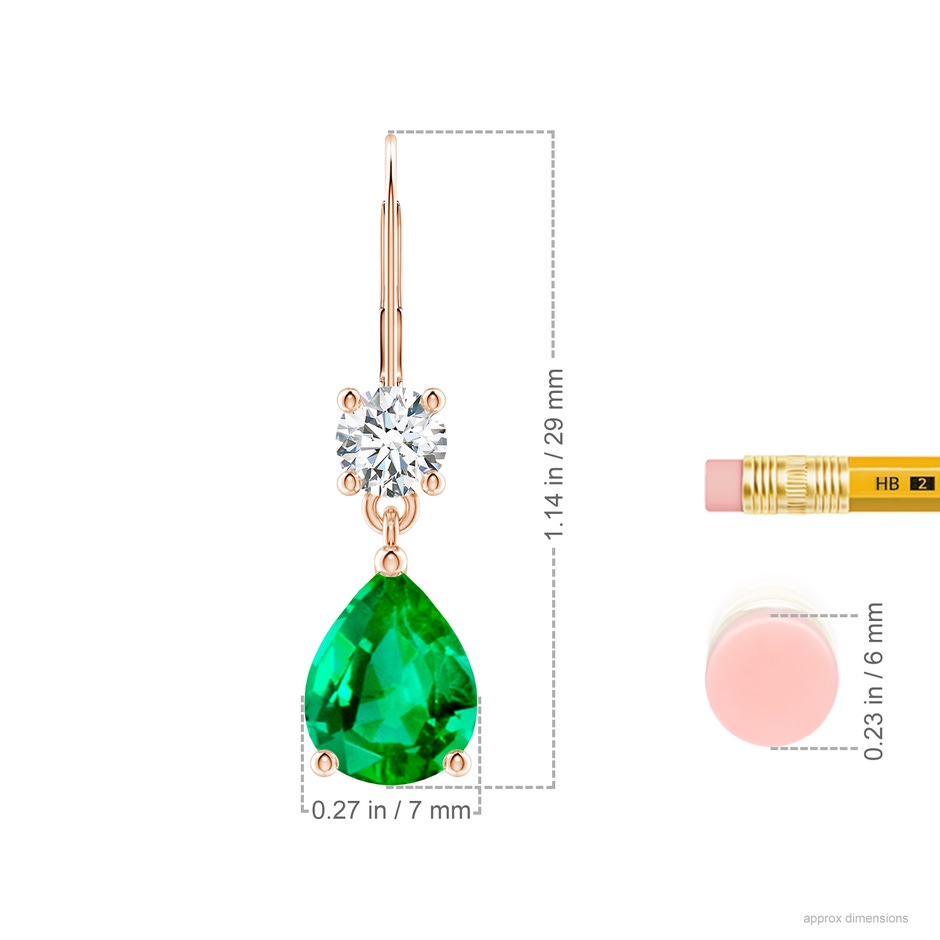 9x7mm AAA Pear Emerald Leverback Drop Earrings with Diamond in Rose Gold ruler