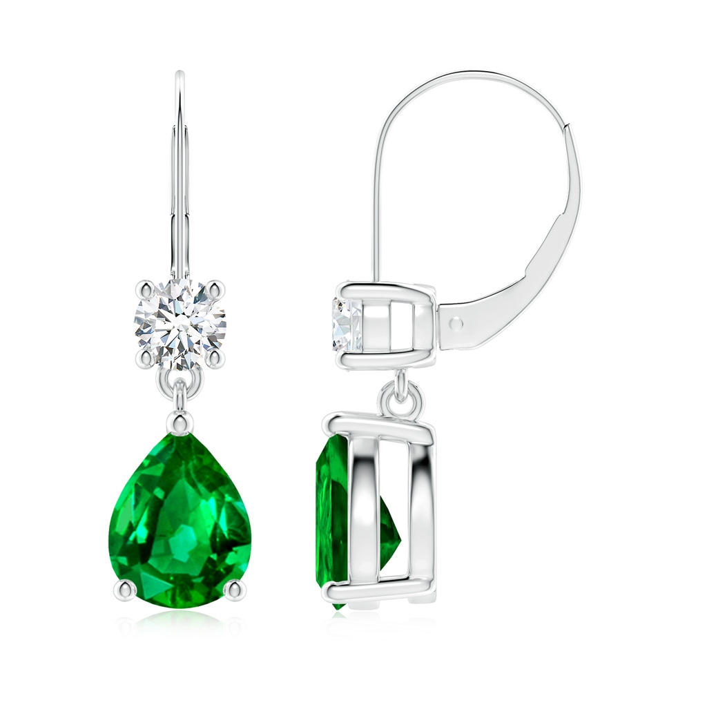 9x7mm AAAA Pear Emerald Leverback Drop Earrings with Diamond in P950 Platinum