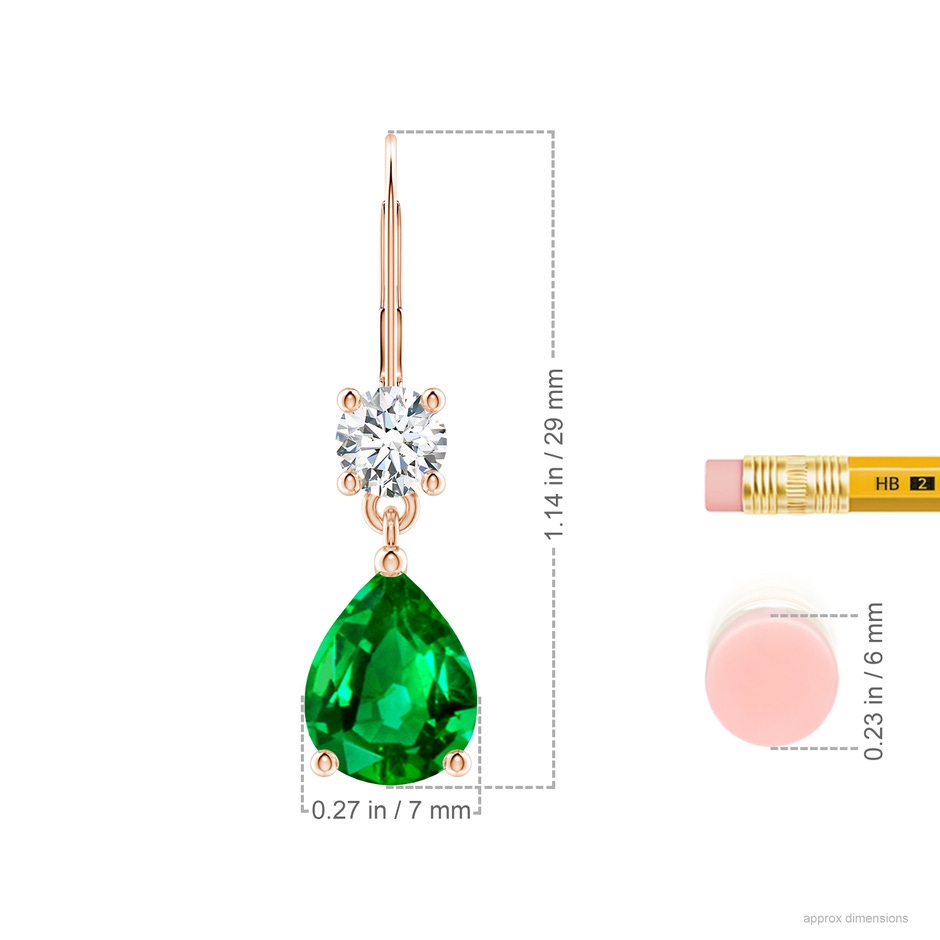 9x7mm AAAA Pear Emerald Leverback Drop Earrings with Diamond in Rose Gold ruler