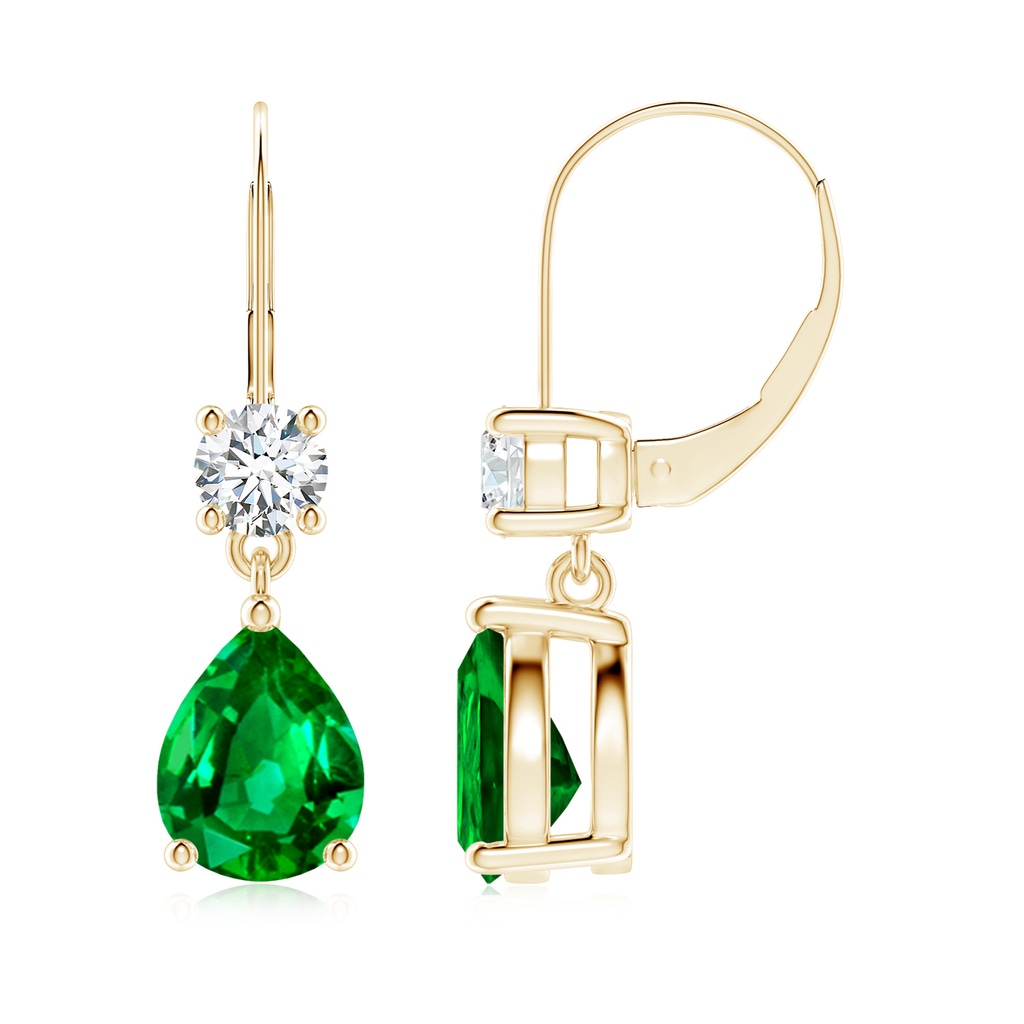 9x7mm AAAA Pear Emerald Leverback Drop Earrings with Diamond in Yellow Gold