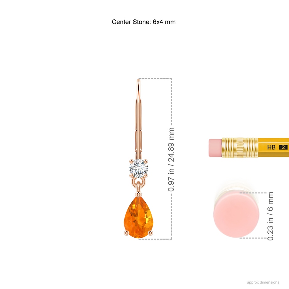 6x4mm AA Pear Fire Opal Leverback Drop Earrings with Diamond in Rose Gold ruler