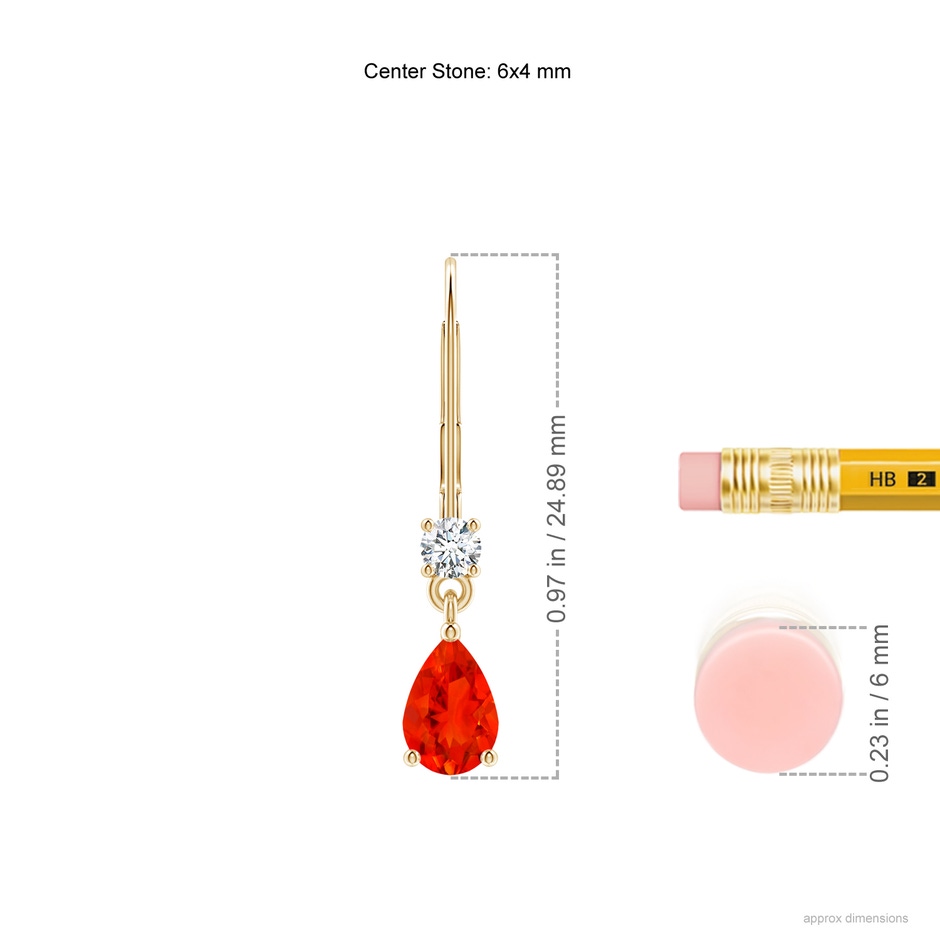 6x4mm AAAA Pear Fire Opal Leverback Drop Earrings with Diamond in Yellow Gold ruler