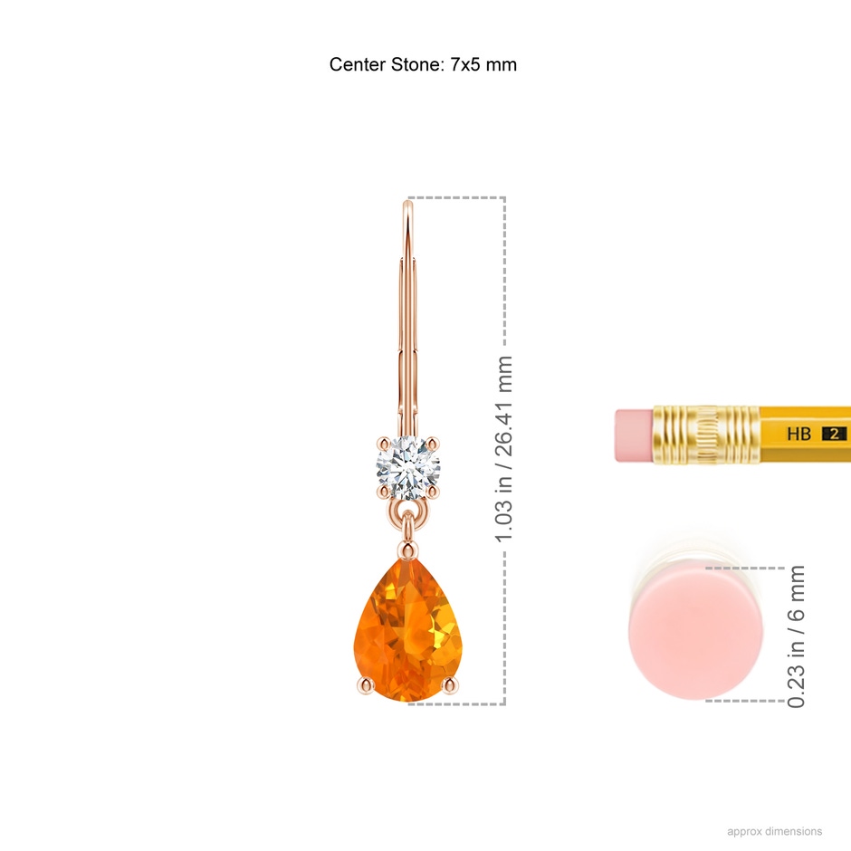 7x5mm AA Pear Fire Opal Leverback Drop Earrings with Diamond in Rose Gold ruler