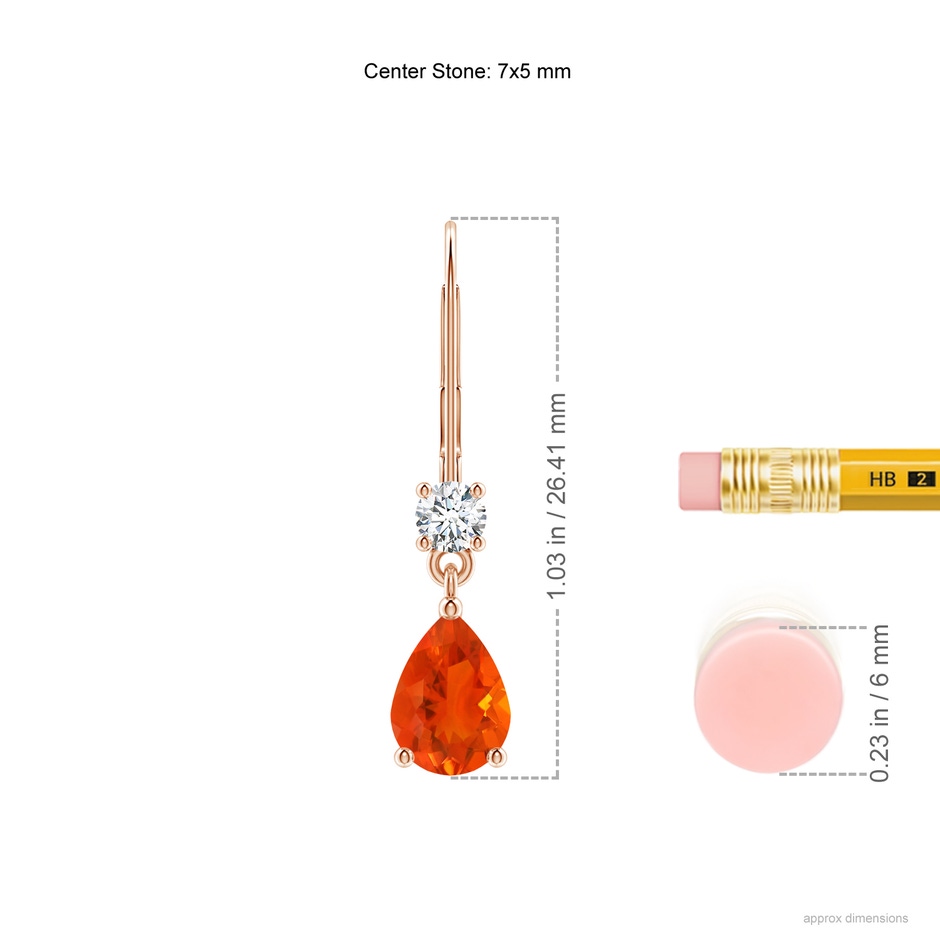 7x5mm AAA Pear Fire Opal Leverback Drop Earrings with Diamond in Rose Gold ruler