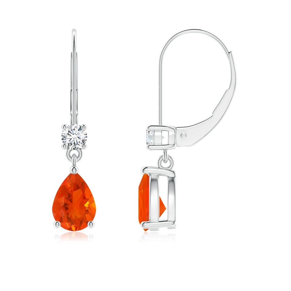 7x5mm AAA Pear Fire Opal Leverback Drop Earrings with Diamond in White Gold 