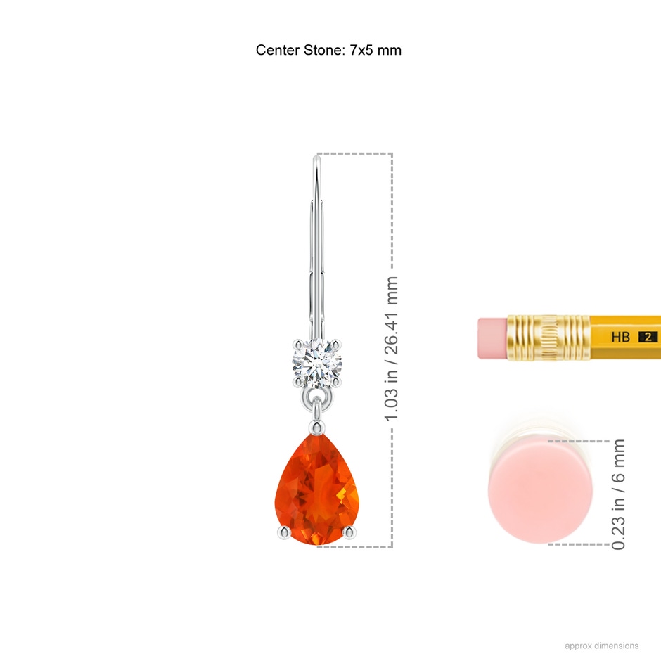 7x5mm AAA Pear Fire Opal Leverback Drop Earrings with Diamond in White Gold ruler