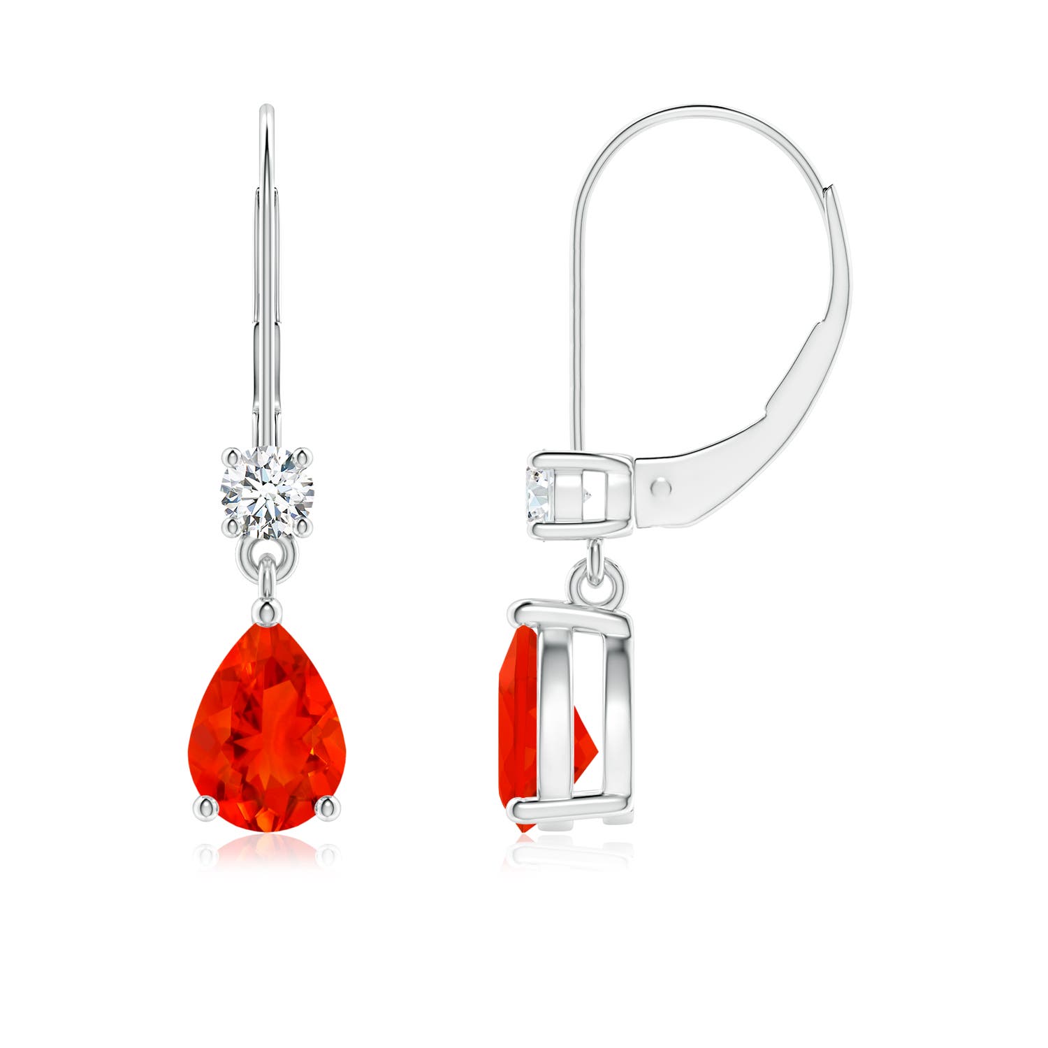 7x5mm AAAA Pear Fire Opal Leverback Drop Earrings with Diamond in P950 Platinum