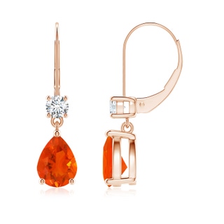 8x6mm AAA Pear Fire Opal Leverback Drop Earrings with Diamond in Rose Gold