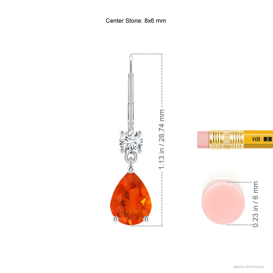 8x6mm AAA Pear Fire Opal Leverback Drop Earrings with Diamond in White Gold ruler