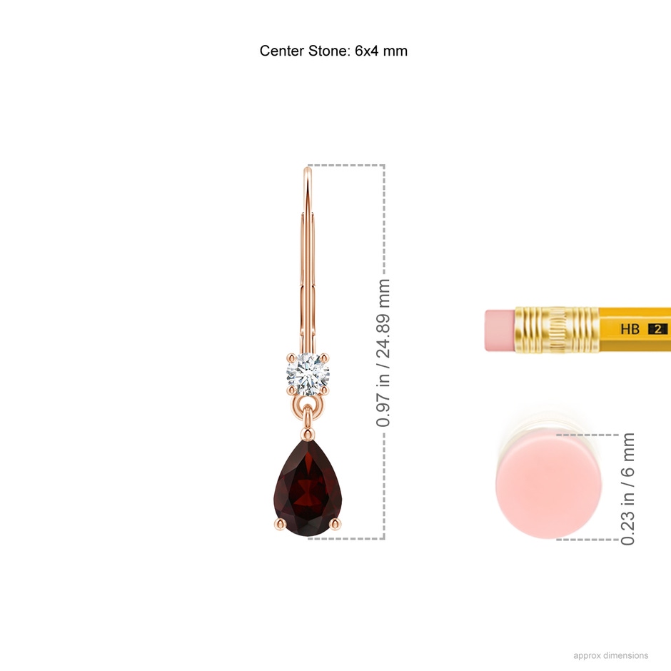 6x4mm A Pear Garnet Leverback Drop Earrings with Diamond in Rose Gold ruler