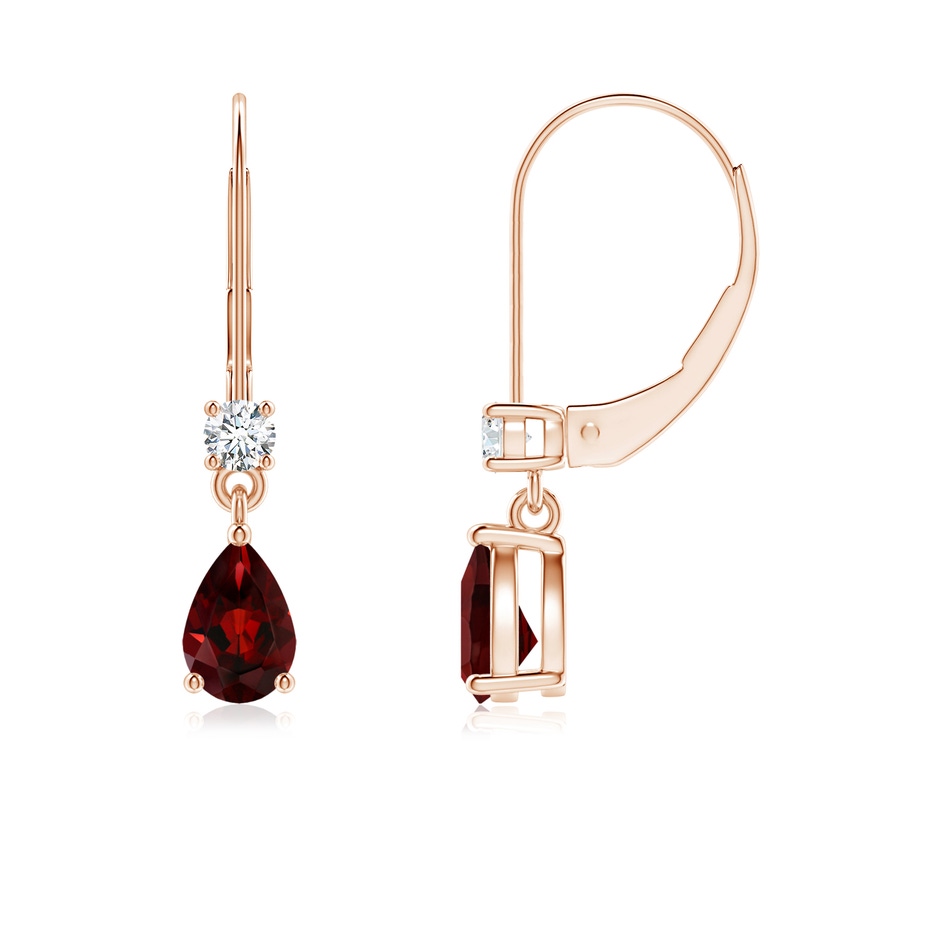 6x4mm AAA Pear Garnet Leverback Drop Earrings with Diamond in Rose Gold 