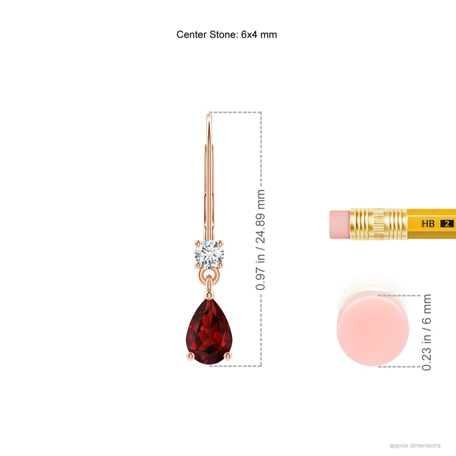 6x4mm AAAA Pear Garnet Leverback Drop Earrings with Diamond in Rose Gold ruler
