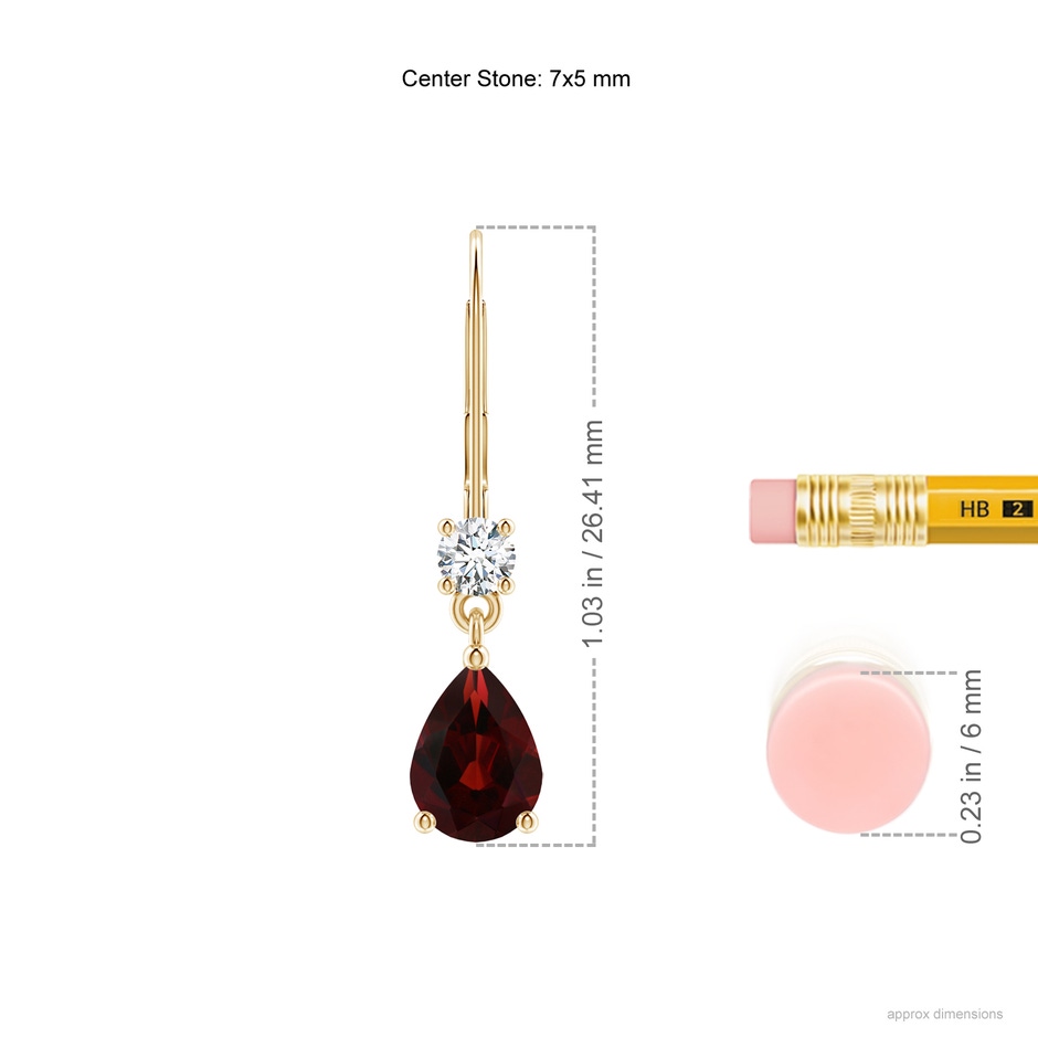 7x5mm AA Pear Garnet Leverback Drop Earrings with Diamond in Yellow Gold ruler