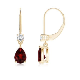 7x5mm AAA Pear Garnet Leverback Drop Earrings with Diamond in Yellow Gold