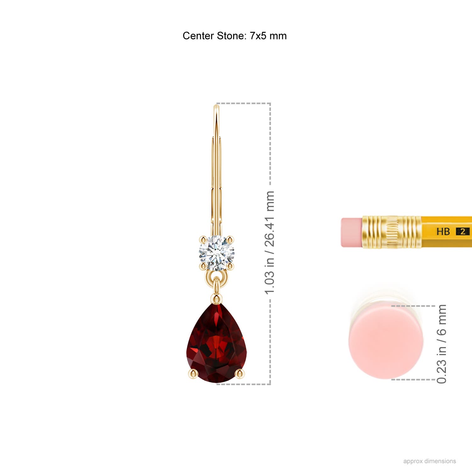 7x5mm AAA Pear Garnet Leverback Drop Earrings with Diamond in Yellow Gold - ruler