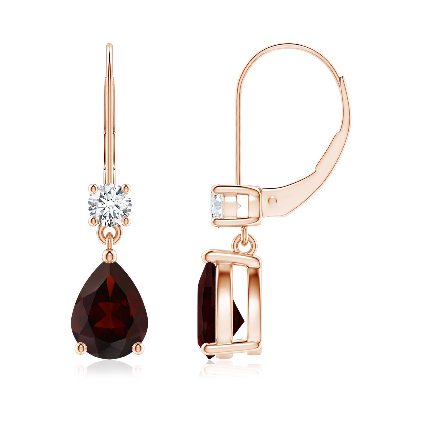 8x6mm A Pear Garnet Leverback Drop Earrings with Diamond in 18K Rose Gold