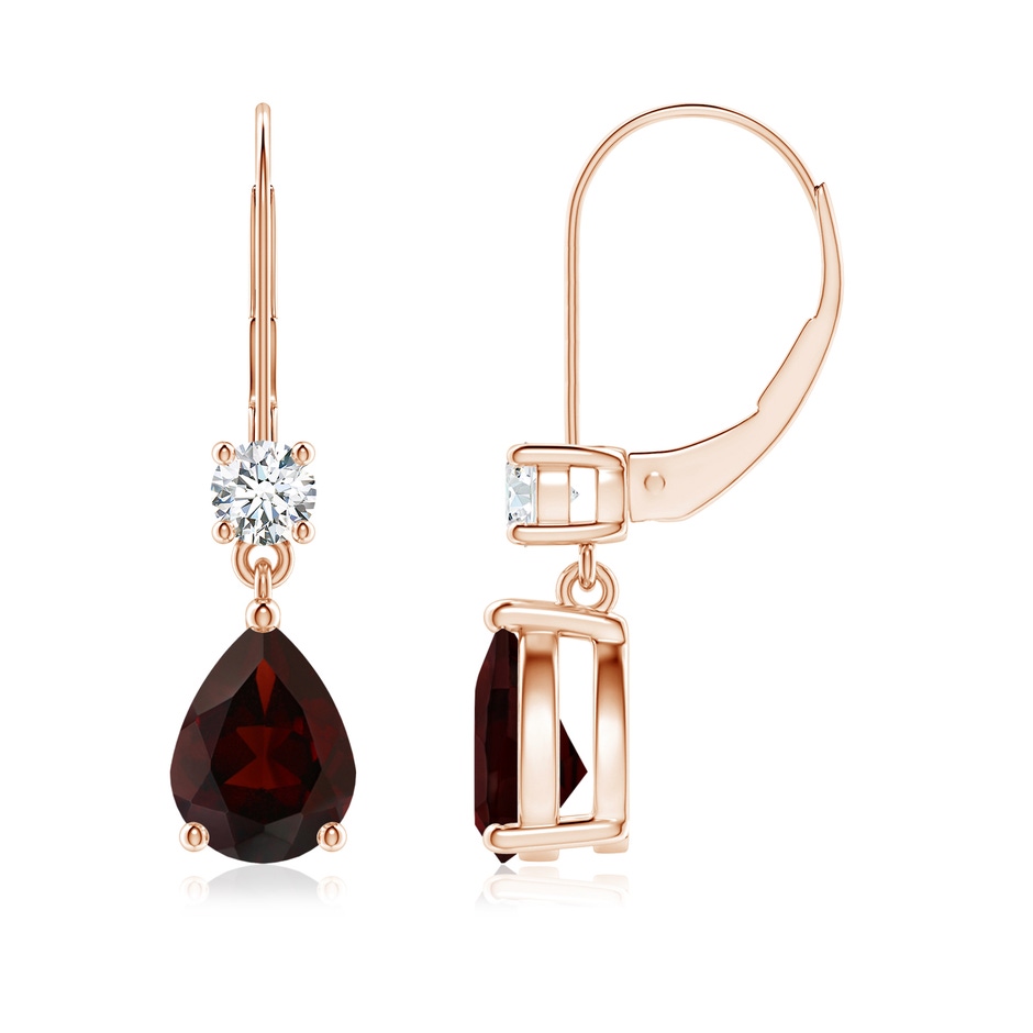 8x6mm A Pear Garnet Leverback Drop Earrings with Diamond in Rose Gold 
