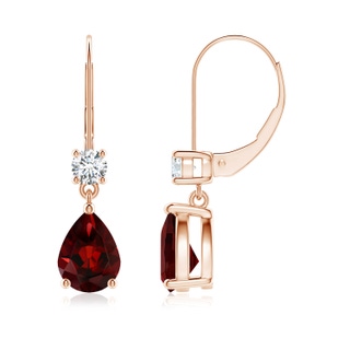 8x6mm AAA Pear Garnet Leverback Drop Earrings with Diamond in Rose Gold