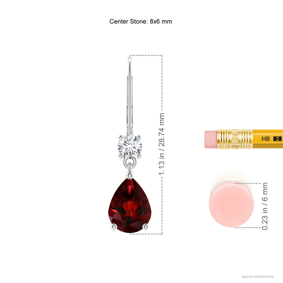 8x6mm AAA Pear Garnet Leverback Drop Earrings with Diamond in White Gold ruler
