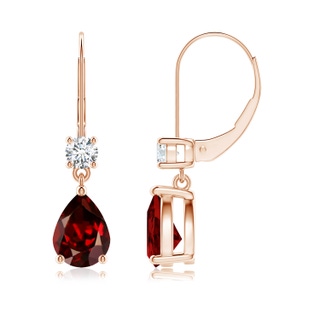 8x6mm AAAA Pear Garnet Leverback Drop Earrings with Diamond in 9K Rose Gold