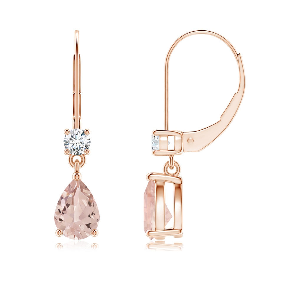 7x5mm AA Pear Morganite Leverback Drop Earrings with Diamond in Rose Gold