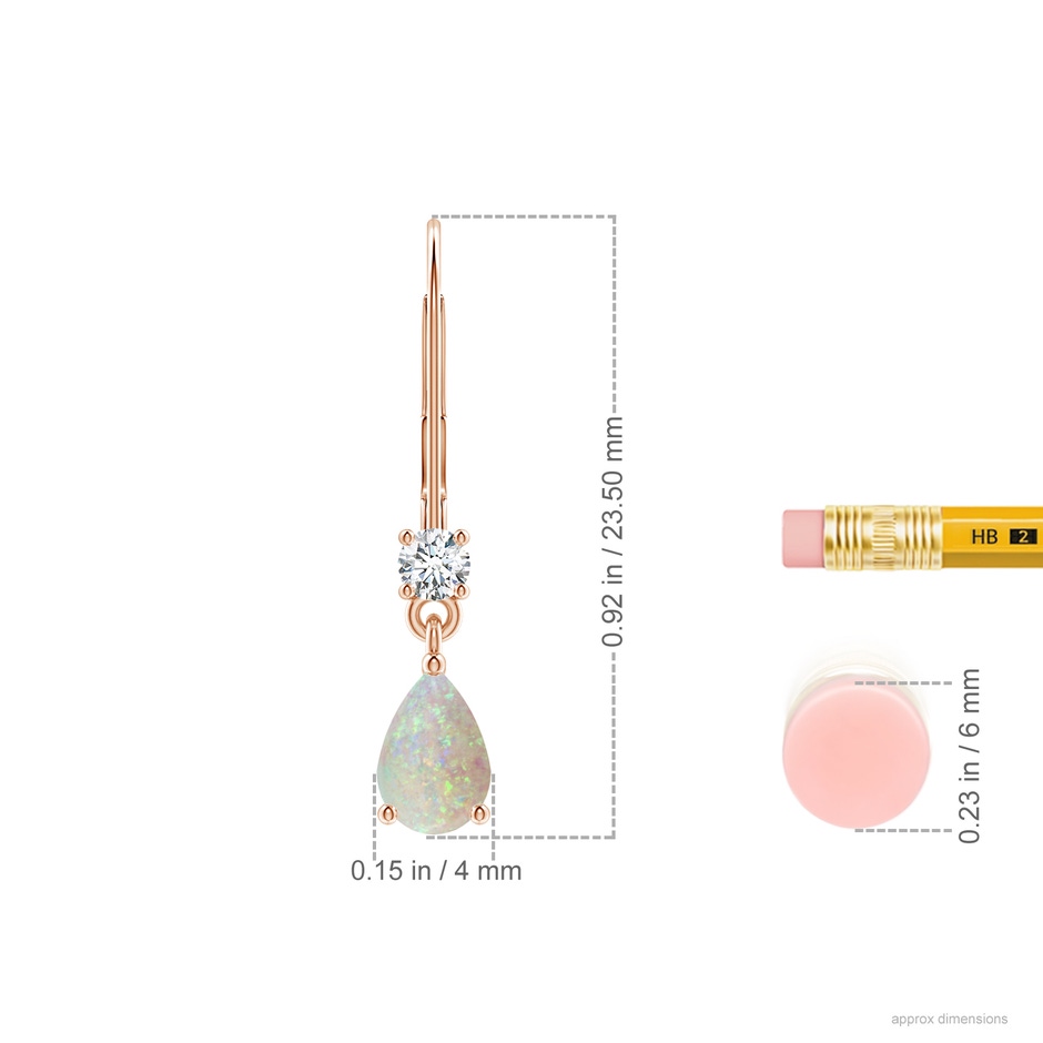 6x4mm AAA Pear Opal Leverback Drop Earrings with Diamond in Rose Gold ruler