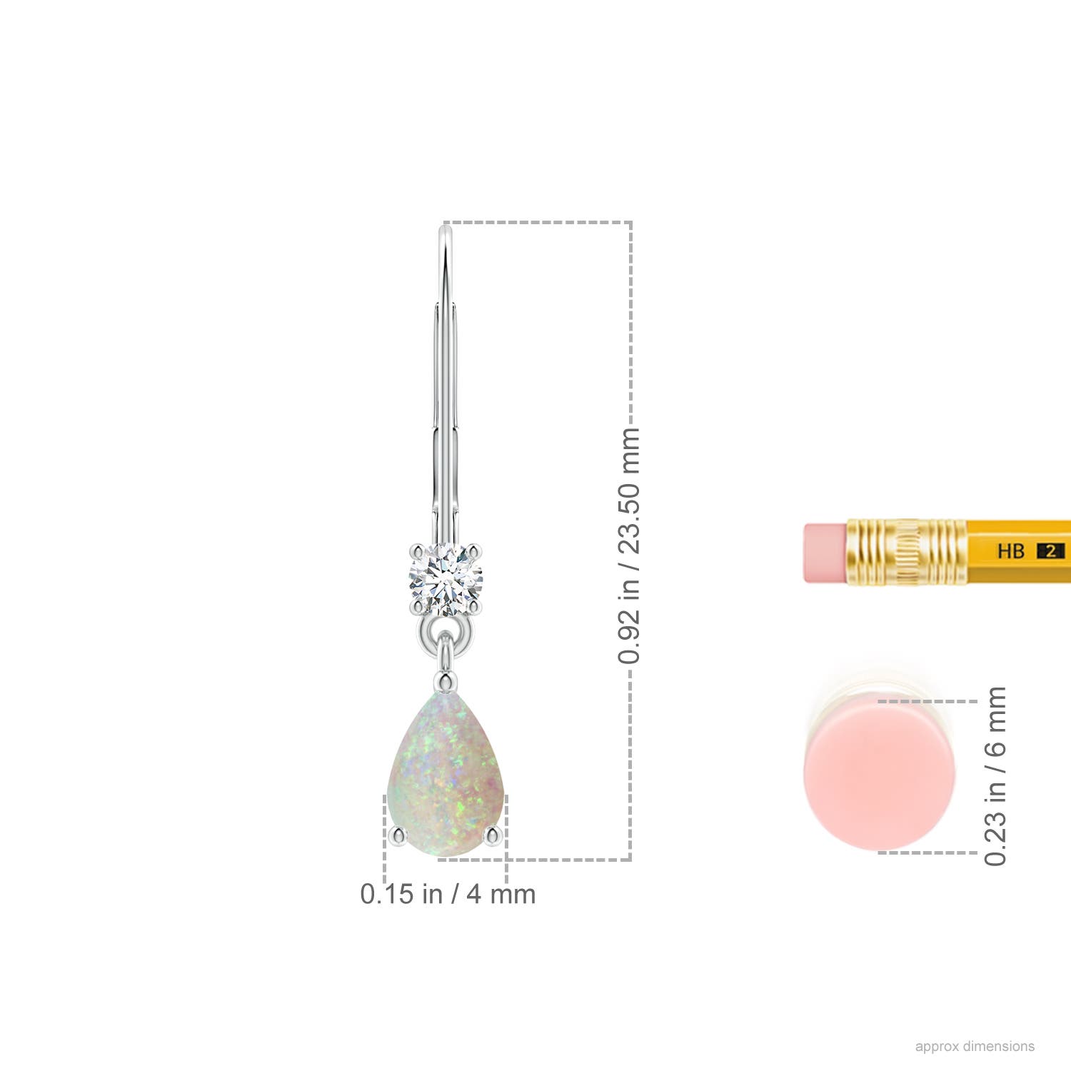 6x4mm AAA Pear Opal Leverback Drop Earrings with Diamond in White Gold - ruler
