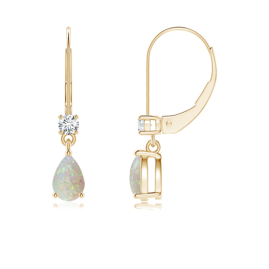 6x4mm AAA Pear Opal Leverback Drop Earrings with Diamond in Yellow Gold 