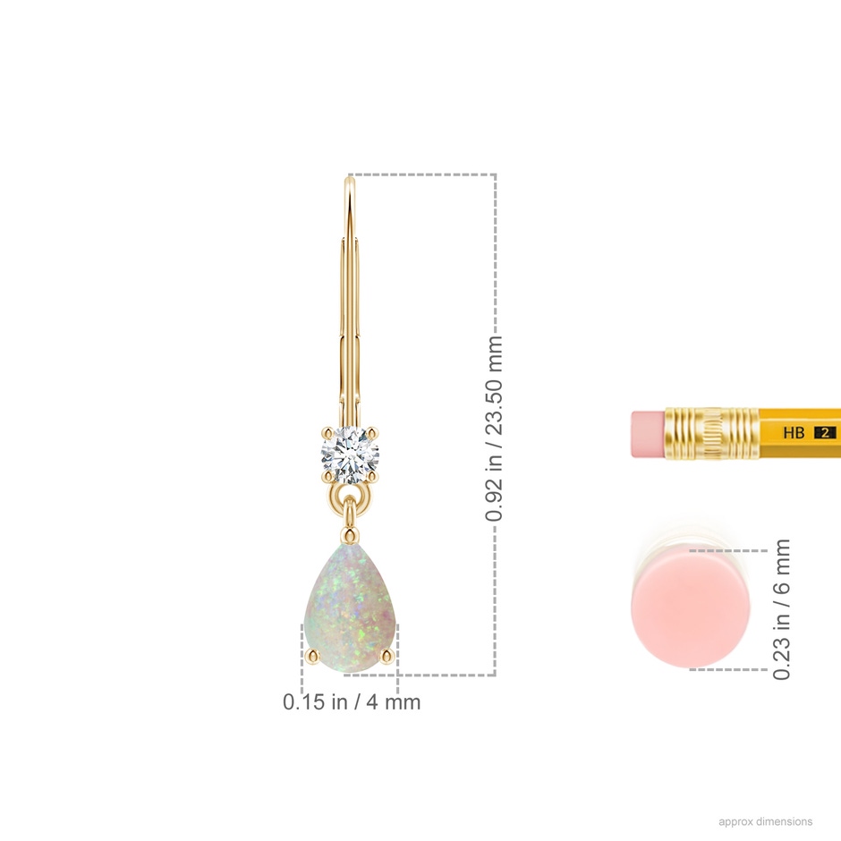 6x4mm AAA Pear Opal Leverback Drop Earrings with Diamond in Yellow Gold ruler