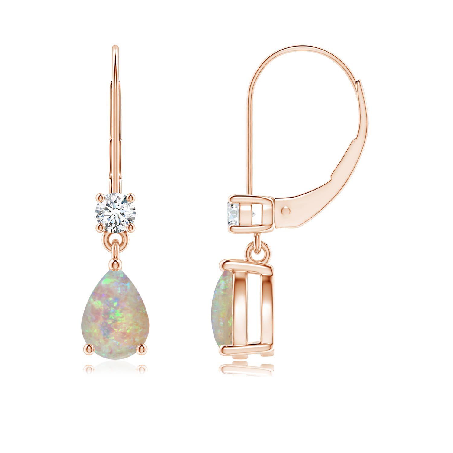 7x5mm AAAA Pear Opal Leverback Drop Earrings with Diamond in 18CT Rose Gold