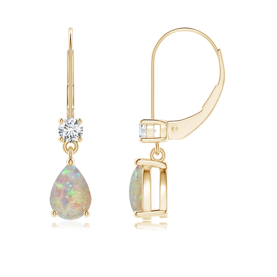 7x5mm AAAA Pear Opal Leverback Drop Earrings with Diamond in Yellow Gold 