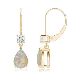 8x6mm AAAA Pear Opal Leverback Drop Earrings with Diamond in Yellow Gold