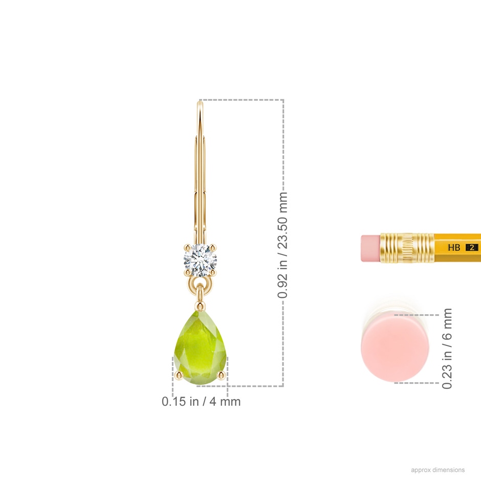 6x4mm A Pear Peridot Leverback Drop Earrings with Diamond in Yellow Gold ruler