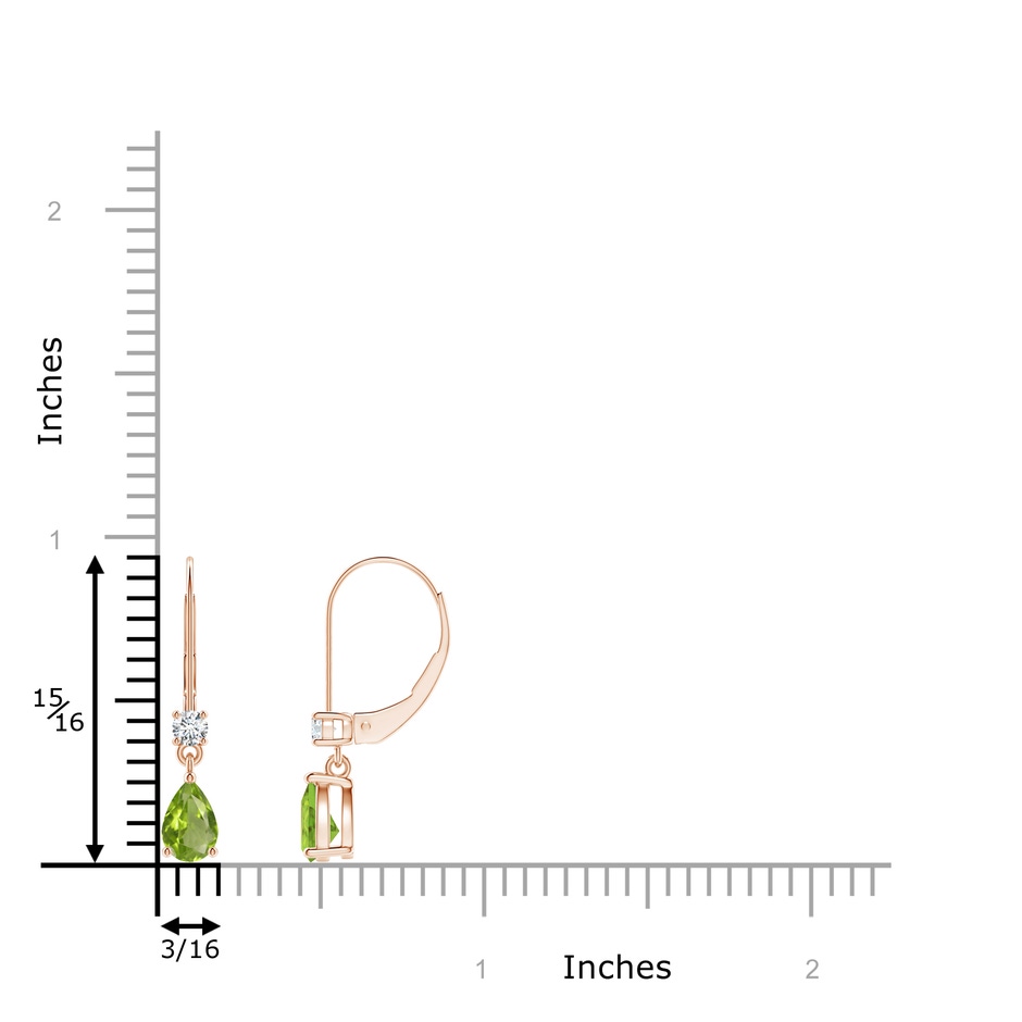 6x4mm AA Pear Peridot Leverback Drop Earrings with Diamond in Rose Gold ruler