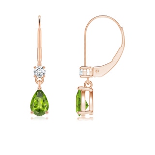 6x4mm AAA Pear Peridot Leverback Drop Earrings with Diamond in Rose Gold