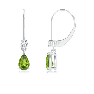 6x4mm AAA Pear Peridot Leverback Drop Earrings with Diamond in White Gold