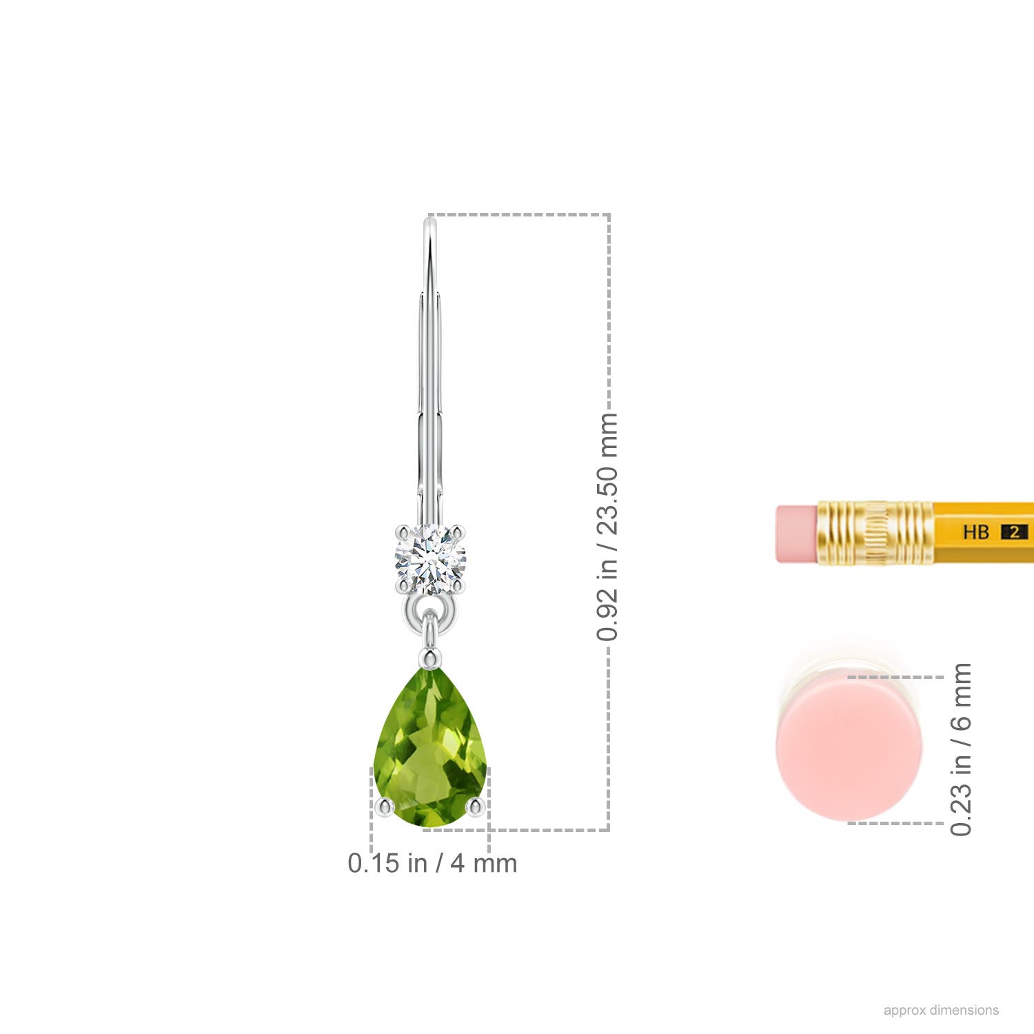 6x4mm AAAA Pear Peridot Leverback Drop Earrings with Diamond in White Gold - ruler
