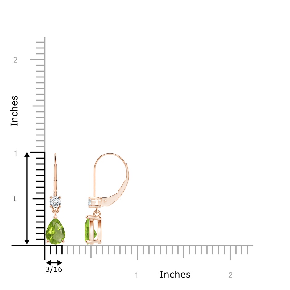 7x5mm AA Pear Peridot Leverback Drop Earrings with Diamond in Rose Gold ruler