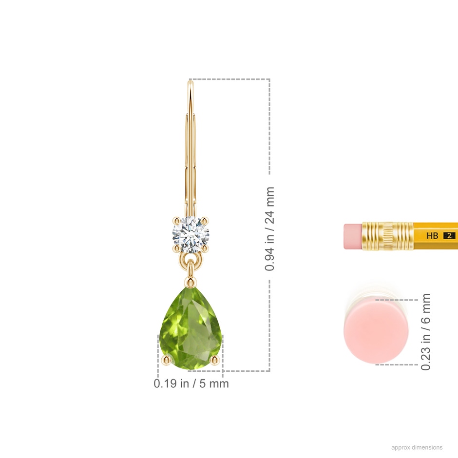 7x5mm AA Pear Peridot Leverback Drop Earrings with Diamond in Yellow Gold ruler