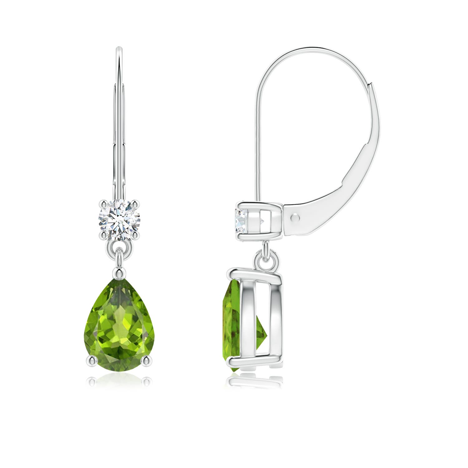 7x5mm AAA Pear Peridot Leverback Drop Earrings with Diamond in P950 Platinum