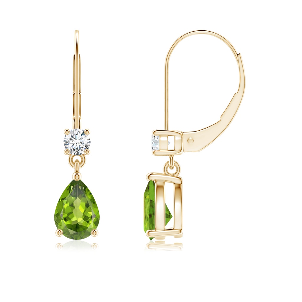 7x5mm AAA Pear Peridot Leverback Drop Earrings with Diamond in Yellow Gold 