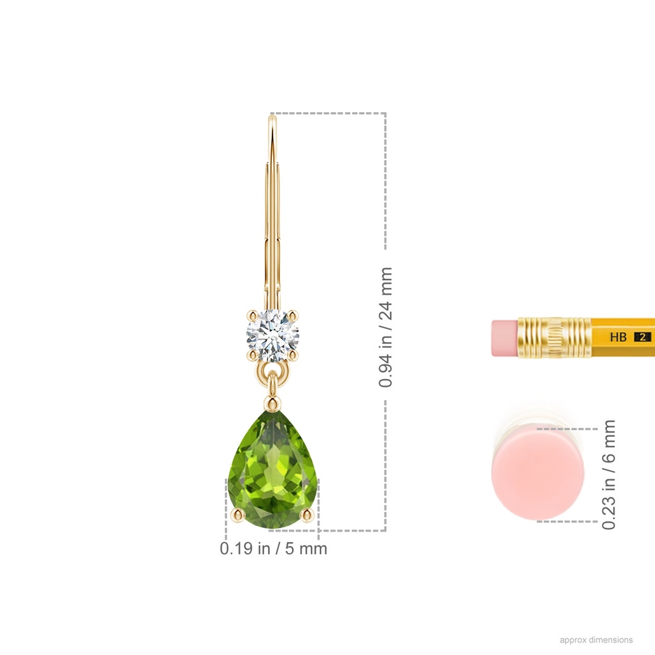 7x5mm AAA Pear Peridot Leverback Drop Earrings with Diamond in Yellow Gold ruler