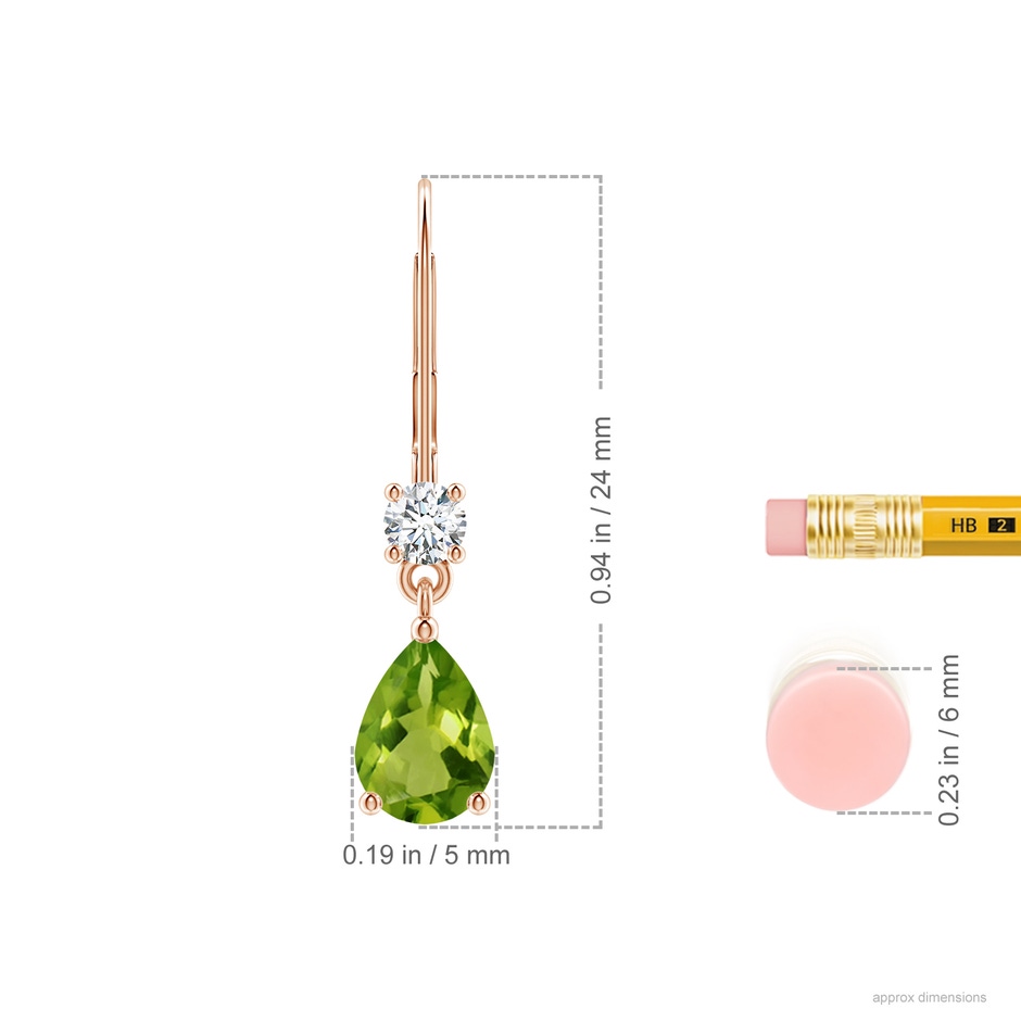 7x5mm AAAA Pear Peridot Leverback Drop Earrings with Diamond in Rose Gold ruler