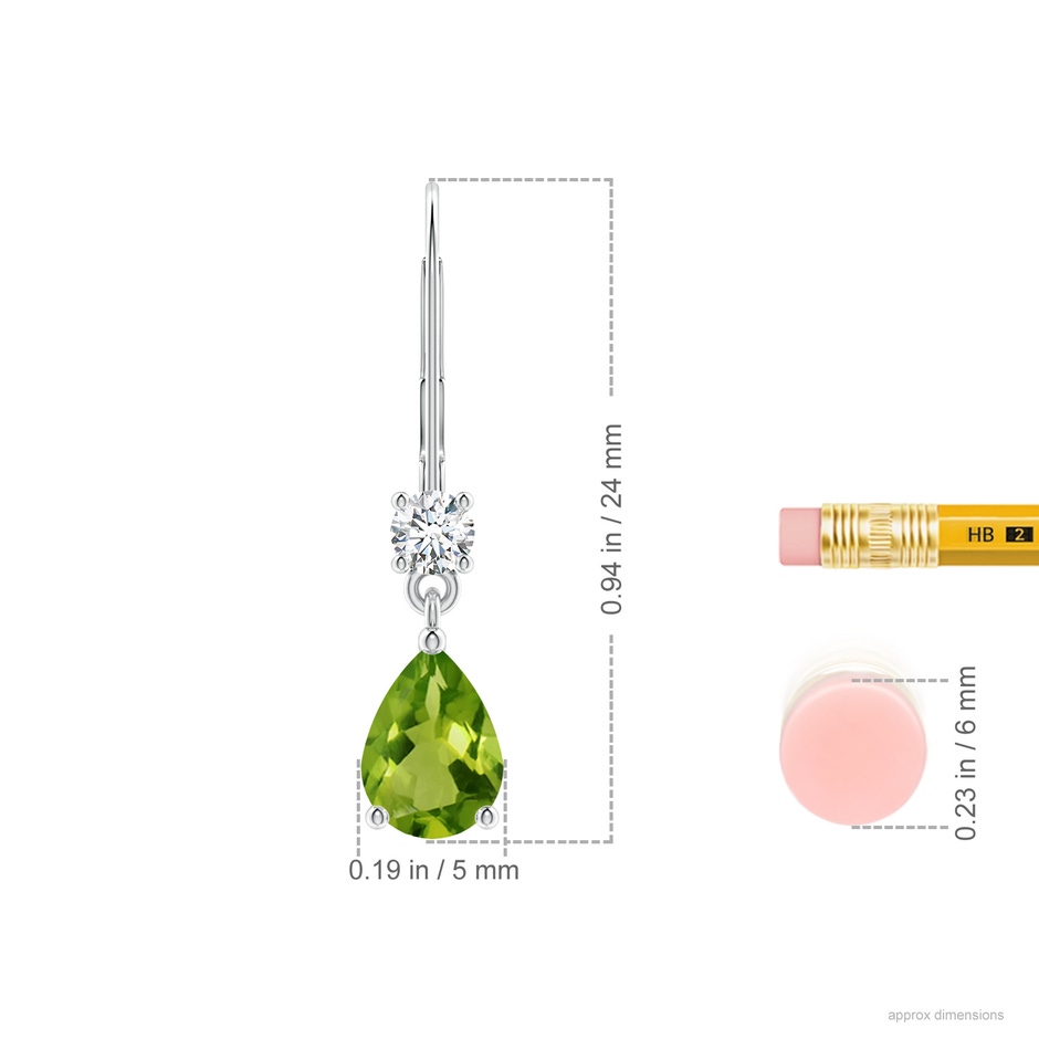 7x5mm AAAA Pear Peridot Leverback Drop Earrings with Diamond in White Gold ruler